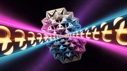 A geometric fractal shape expands outward into colorful light bursts symbolizing a futuristic countdown rendered as abstract digital art with dynamic motion luminous energy 