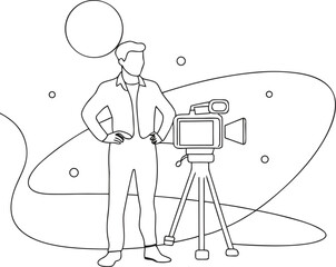 line drawing of a man standing next to a video camera