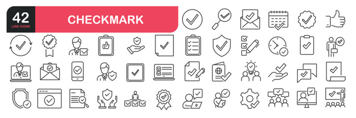 Fototapeta premium Set of line icons related to checked, approved, certified, accepted and validation. Outline icons collection. Editable stroke. Vector illustration