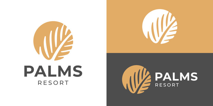 Creative simple palms resort logo template. Palm leaf logo design vector illustration.