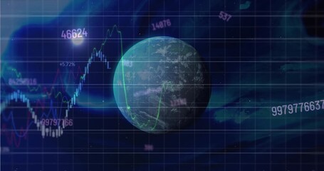 Animation of changing numbers and financial data processing against spinning globe in space - Powered by Adobe