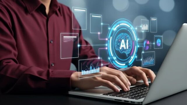 AI-powered document analysis and management. Intelligent structure analysis and information extraction. Automated document processing and knowledge management. Businessperson using laptop computer.
