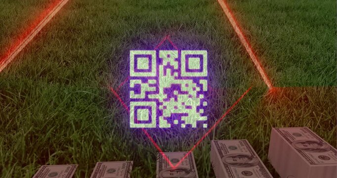 Animation of neon qr code scanner and light trails against stack of dollar bills on the grass
