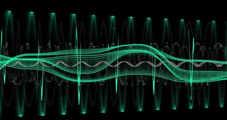 Animation of dots forming dynamic wave pattern over circular patterns against black background - Powered by Adobe