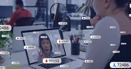 Animation of changing numbers and icons in message boxes, diverse coworkers discussing on videocall - Powered by Adobe