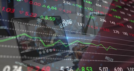 Animation of stock market data processing over mid section of a man having a videocall on laptop - Powered by Adobe