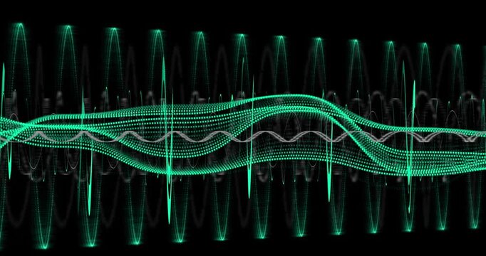 Animation of dots forming dynamic wave pattern over circular patterns against black background