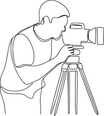 Man taking a photo with a camera on a tripod in a simple line drawing style