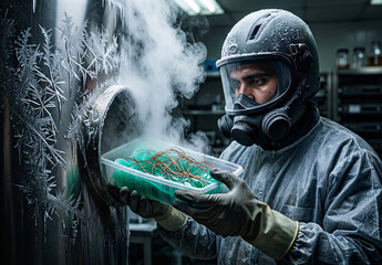 Bio-Archive Trend: Industrial Cryo-Storage with Realistic Frost Fractals.