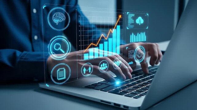 Business data analysis. Automated BI and KPI visualization solution. Data driven decision making. Businessman using laptop computer to view analytics graph.
