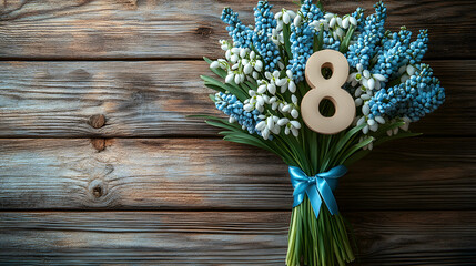Blue and white flowers with number eight and ribbon on wooden background for celebration or event