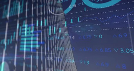 Animation of financial data processing over cityscape - Powered by Adobe