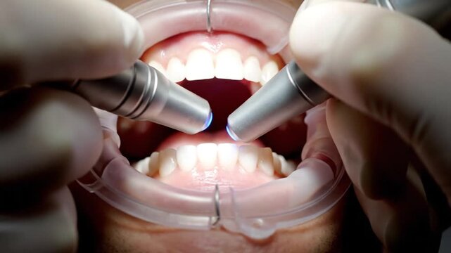 Close-up of a patient's mouth with a dental retractor and two dental tools emitting blue light during a procedure.