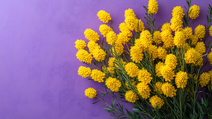 Bright yellow flowers on a purple background showing nature's colors and textures in a close-up arrangement