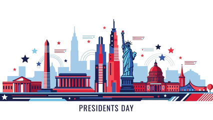 American Landmarks Skyline with Presidents Day Text and Stars - Patriotic Illustration