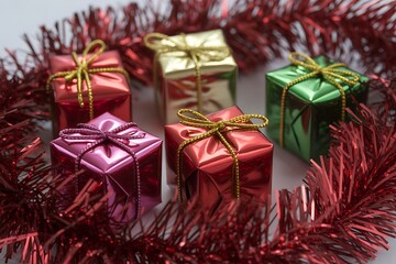 colorful presents wrapped in shiny paper with gold ribbons and red tinsel