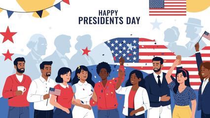 Happy Presidents Day Celebration - Diverse People Waving Flags and Banners