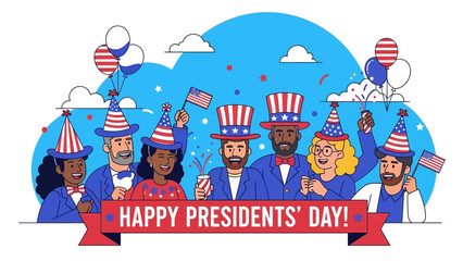 Happy Presidents Day Celebration Diverse People USA Flags Balloons Confetti