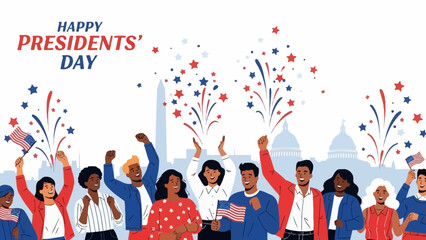 Happy Presidents Day Celebration with Diverse Crowd and Fireworks in Washington D.C.