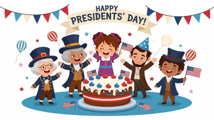 Happy Presidents Day Celebration with Cartoon Historical Figures and Cake