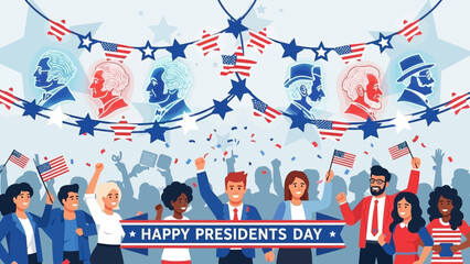 Happy Presidents Day Celebration with Diverse Crowd and US Flags