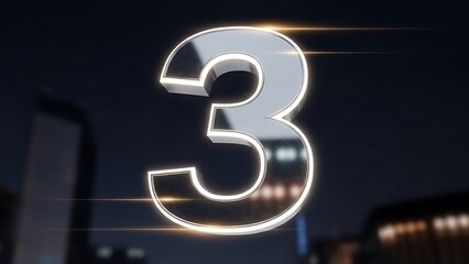 A gleaming silver number three shines brightly with a dynamic light effect against a blurred dark cityscape background
