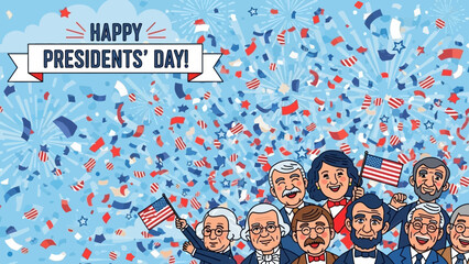 Happy Presidents' Day Celebration with Diverse Group and Confetti