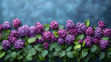 Bright purple flowers with green leaves arranged beautifully against a blue background