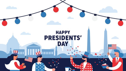 Happy Presidents Day Celebration with Patriotic Decorations and Washington DC Skyline
