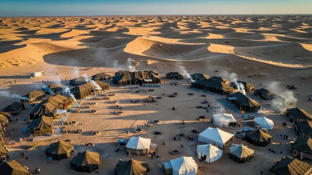 Aerial view of a desert camp with tents and smoke rising
