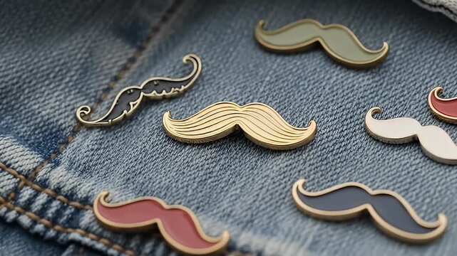 Collection of colorful mustache pins on denim fabric.