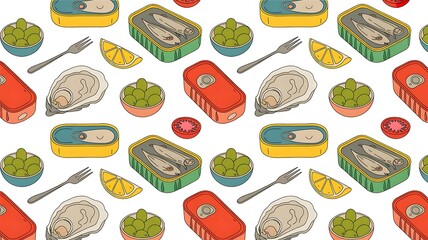 Colorful seafood pattern with canned fish, oysters, and olives