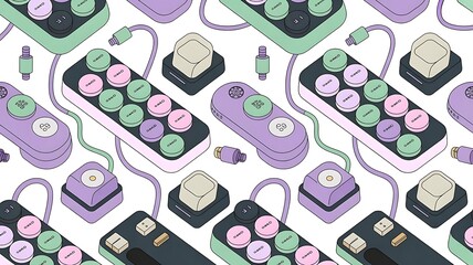 Vibrant illustration of retro gaming controllers and accessories