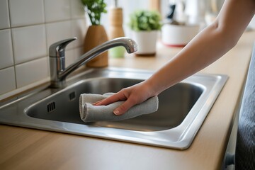 Woman cleaning a stainless steel kitchen sink with a gray cloth