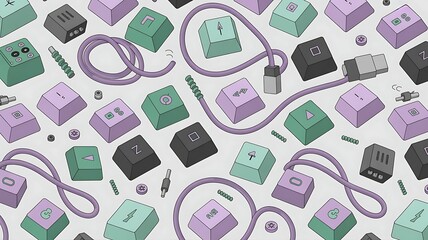 Vibrant keyboard key pattern with colorful wires and tech components