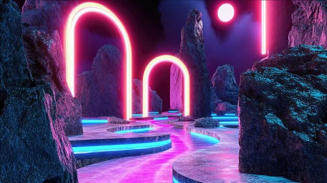 An abstract underworld scene featuring a curving pathway illuminated by neon lights in shades of pink and blue, set against a backdrop of jagged rocks.