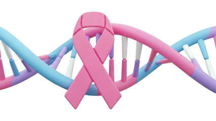 Pink Breast Cancer Ribbon Over DNA Helix