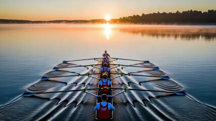 Rowing team glides across serene lake at sunrise with eight oarsmen