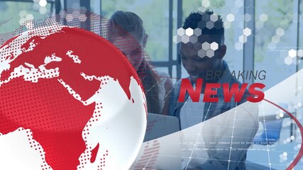 Breaking news animation over diverse people working on laptops in modern office - Powered by Adobe