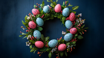 Colorful Easter wreath with speckled eggs and greenery on a dark background in spring setting