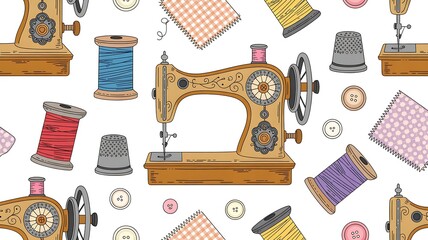 Vintage sewing machines and colorful threads for creative projects