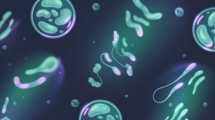 Glowing bacteria cells in dark blue background for science and medical concepts