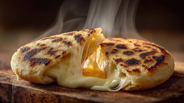 Deliciously Melted Cheese Arepas Steaming Fresh from the Griddle on a Rustic Wooden Cutting Board
