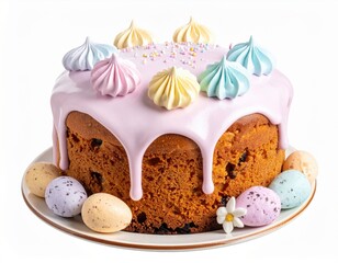 Beautiful homemade Easter cake adorned with sweet pink glaze, colorful meringue kisses, festive sprinkles, and speckled pastel eggs on a bright white background