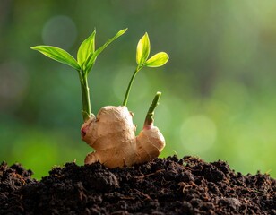 Fresh ginger root with vibrant green shoots emerges from dark fertile soil, symbolizing growth, natural vitality, and the beginning of a new organic plant life