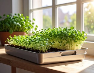 Lush green microgreens growing abundantly in rectangular trays and pots placed on a sunny windowsill, receiving natural light for healthy development