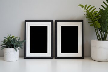 two black picture frames with white mats and plants on a white shelf