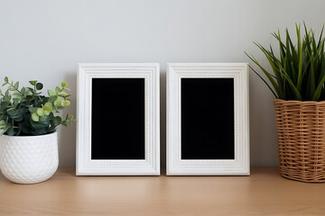 Two white picture frames and plants on a wooden table