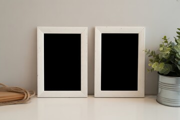 Two white framed blackboards with a plant and woven basket nearby