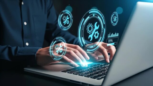 System maintenance solutions. Automated security patch application and updates. Businessperson using laptop computer for scheduled IT system maintenance.
